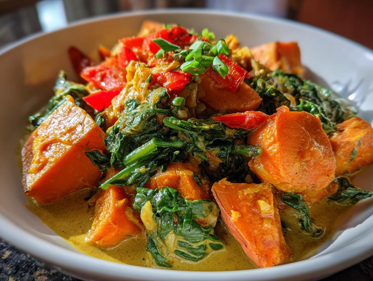 A bowl of creamy Süßkartoffel-Kokos-Curry with sweet potatoes, spinach, and red peppers.