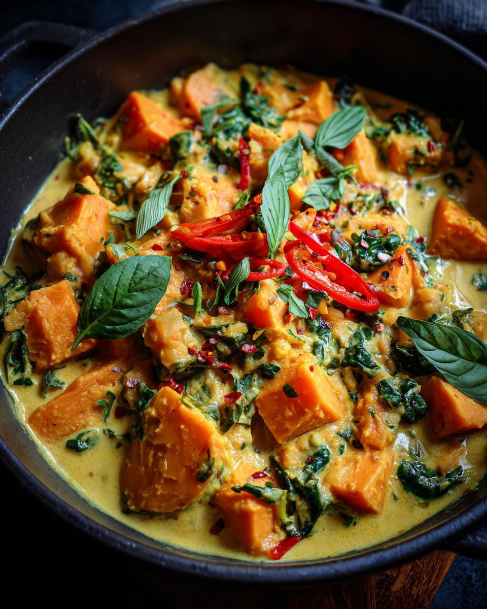 Overhead shot of Süßkartoffel-Kokos-Curry with sweet potatoes, spinach, red chili peppers, and basil in a black pan.