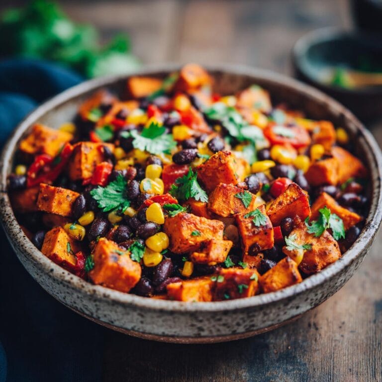 Close-up of Süßkartoffel-Taco-Bowls featuring sweet potatoes, black beans, corn, and cilantro.