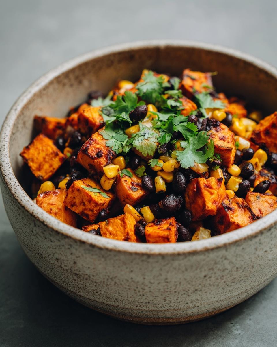 Close-up of Süßkartoffel-Taco-Bowls featuring roasted sweet potatoes, black beans, corn, and cilantro in a bowl.