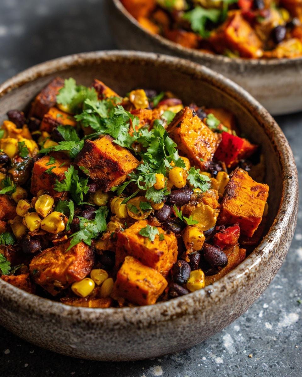 A close-up of Süßkartoffel-Taco-Bowls with sweet potatoes, black beans, corn, and cilantro in a bowl.