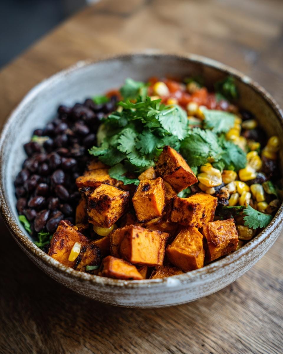 Close-up of a Süßkartoffel-Taco-Bowls with roasted sweet potatoes, black beans, corn, and cilantro.