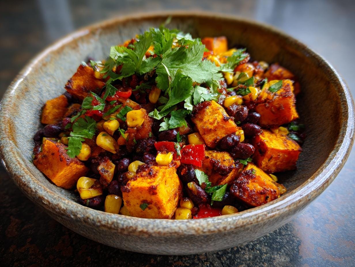 A vibrant bowl of Süßkartoffel-Taco-Bowls with roasted sweet potatoes, black beans, corn, and fresh cilantro.