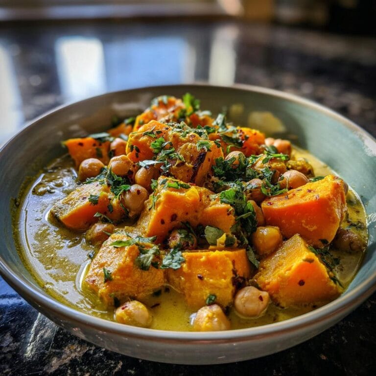 Bowl of Süßkartoffel-Würfel mit Kichererbsen und Curry, garnished with fresh herbs.