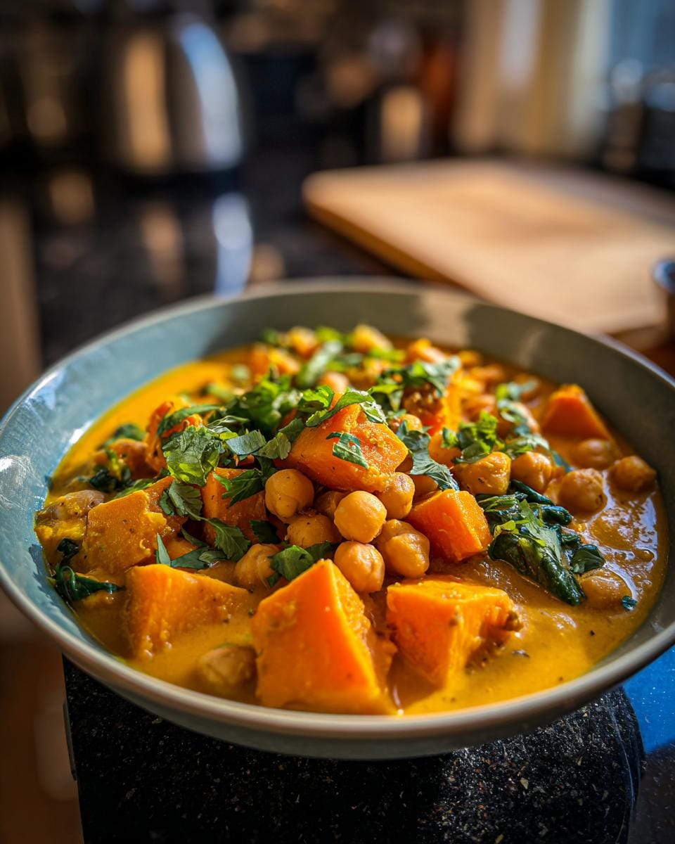 Bowl of Süßkartoffel-Würfel mit Kichererbsen und Curry, garnished with fresh herbs.