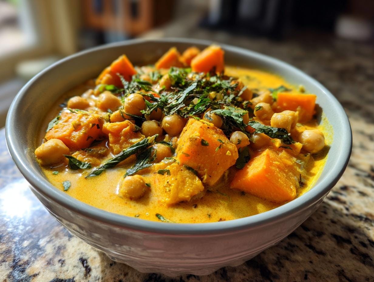 Bowl of Süßkartoffel-Würfel mit Kichererbsen und Curry, garnished with fresh herbs.