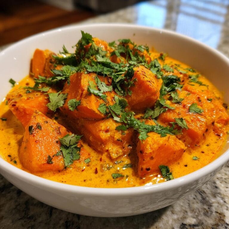 A bowl of creamy Süßkartoffelcurry mit Kokosmilch, garnished with fresh cilantro.