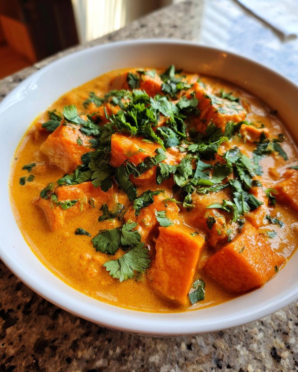 Close-up of Süßkartoffelcurry mit Kokosmilch in a white bowl, garnished with fresh cilantro.