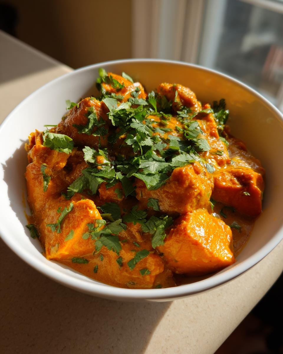 Bowl of Süßkartoffelcurry mit Kokosmilch, garnished with fresh cilantro.