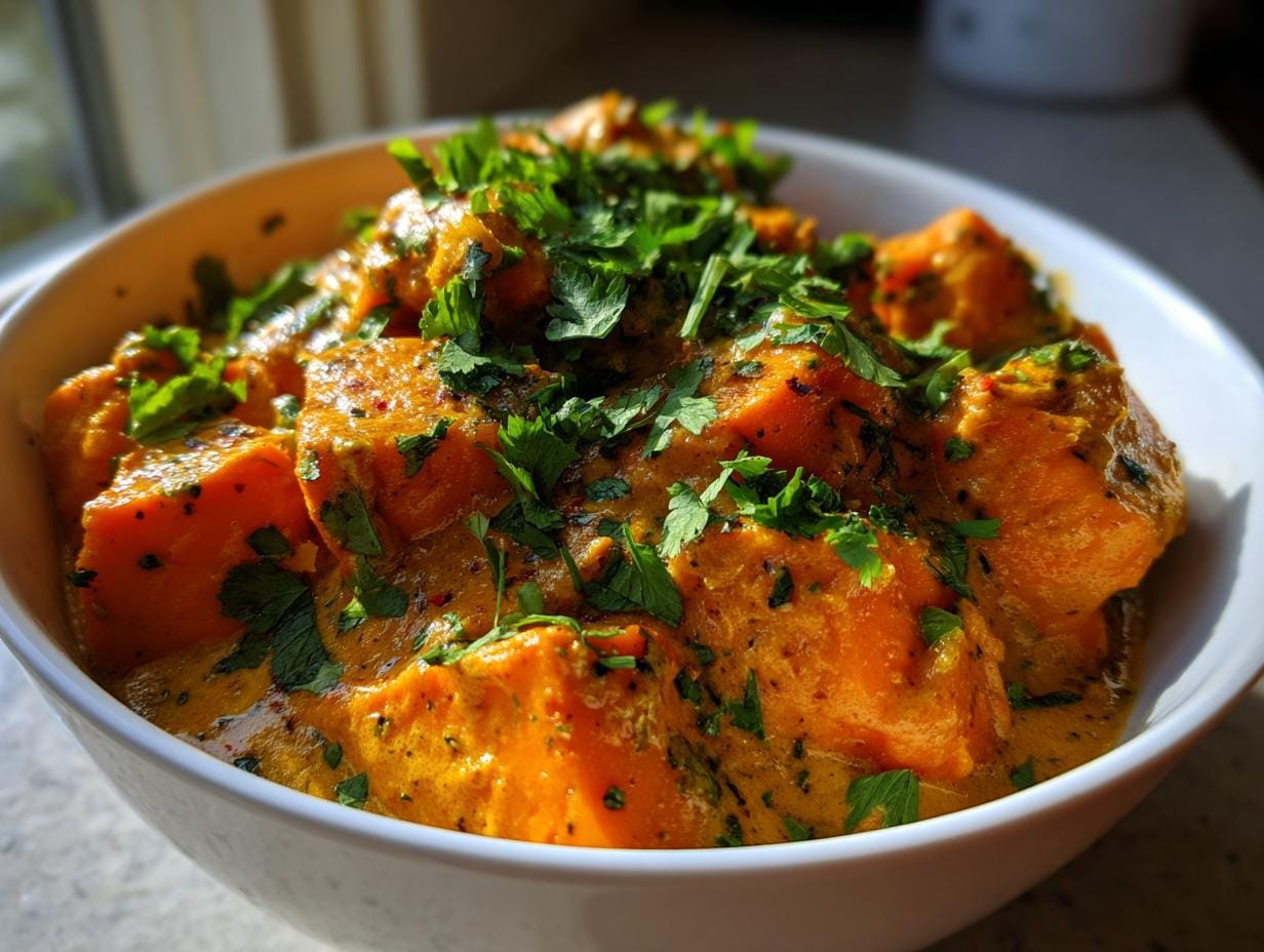 Bowl of creamy Süßkartoffelcurry mit Kokosmilch, garnished with fresh parsley.