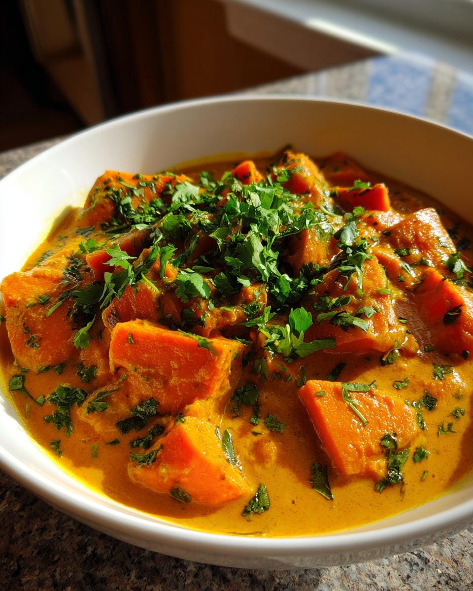 Nahaufnahme von Süßkartoffelcurry mit Kokosmilch, garniert mit frischer Petersilie in einer weißen Schüssel.