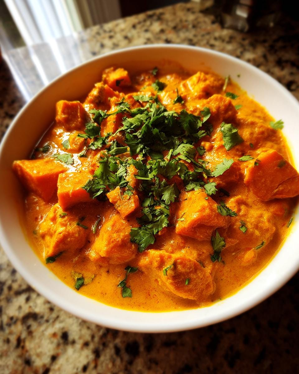 Bowl of creamy Süßkartoffelcurry mit Kokosmilch, garnished with fresh cilantro.