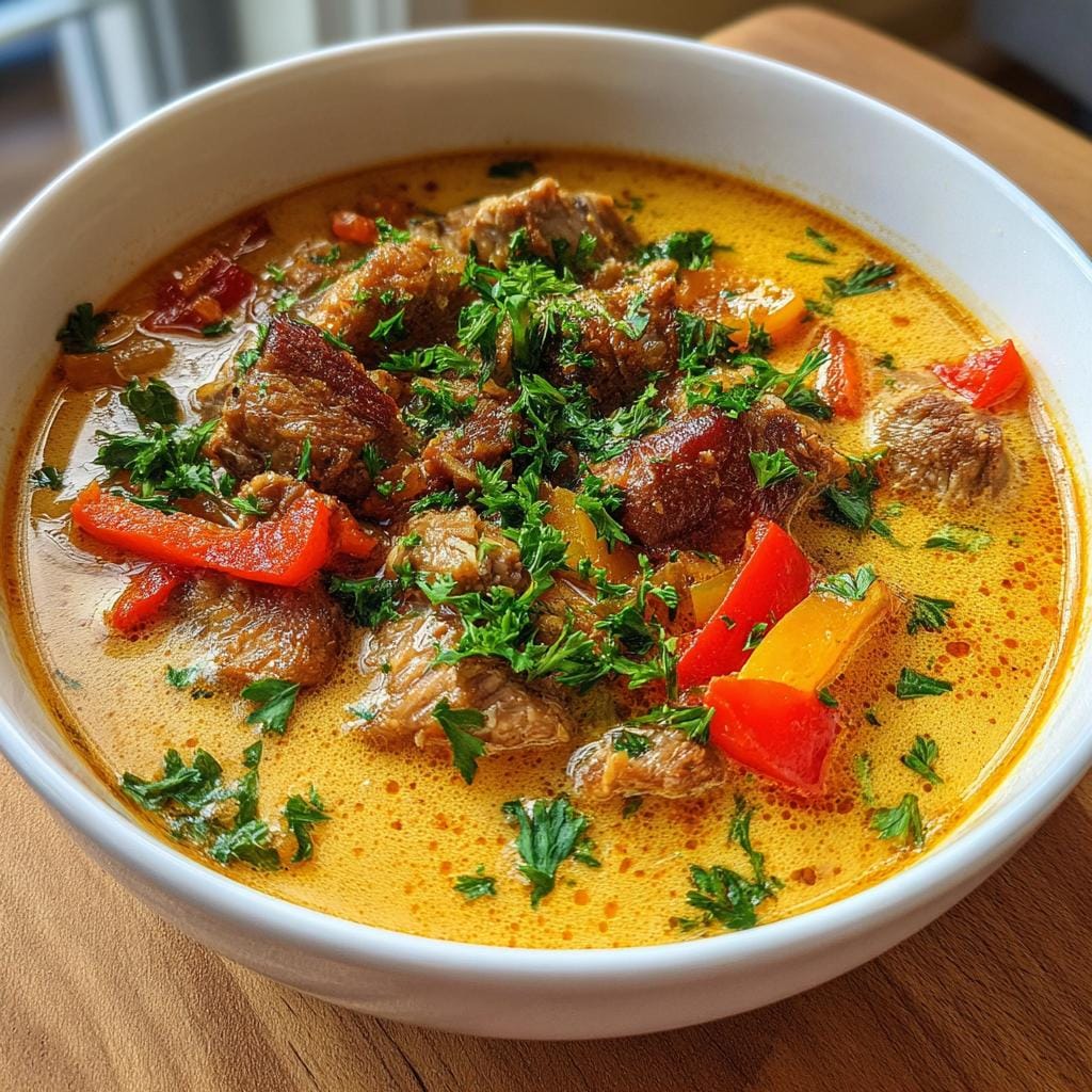 Bowl of hearty Tacosuppe with beef, bell peppers, and fresh parsley garnish.