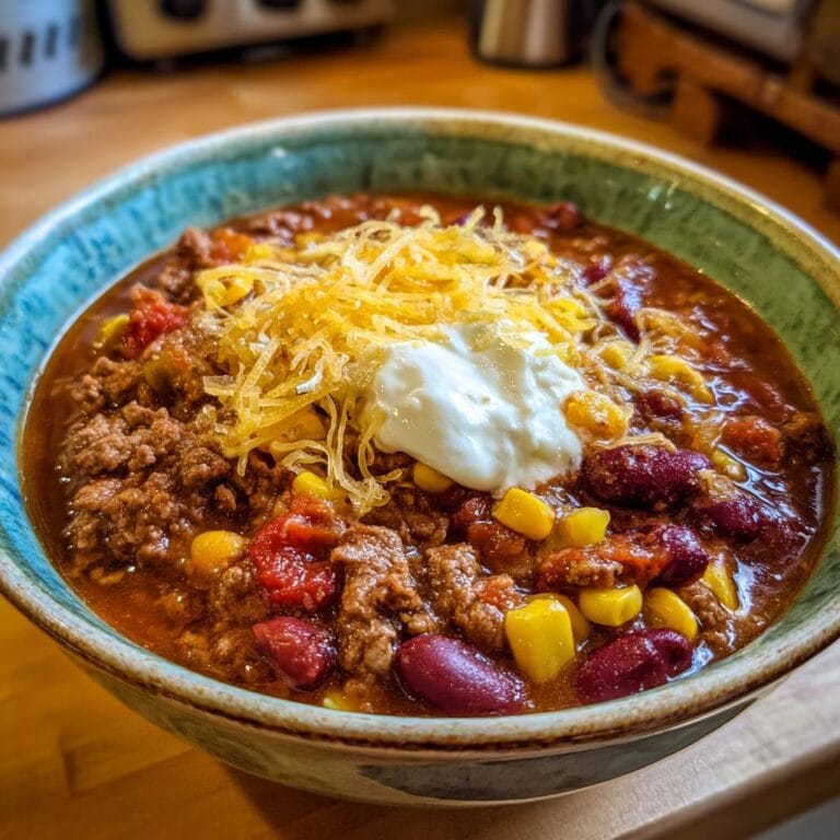 Close-up of a bowl of hearty Tacosuppe topped with shredded cheese and a dollop of sour cream.