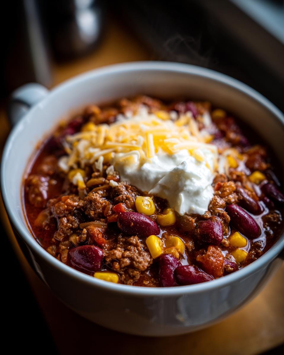 A steaming bowl of Tacosuppe topped with sour cream and shredded cheese, showcasing kidney beans and corn.