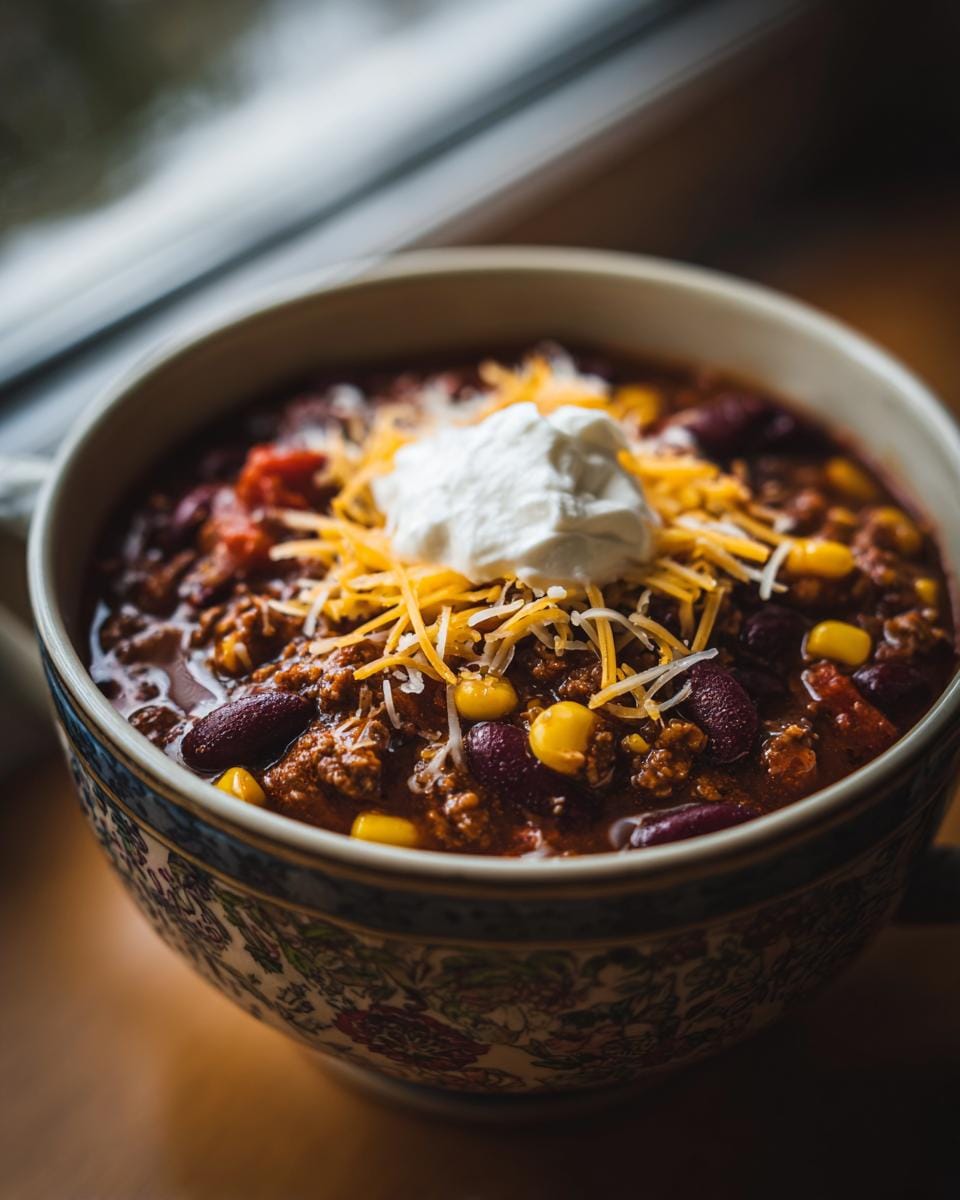 Bowl of Tacosuppe topped with sour cream and shredded cheese, ready to eat.