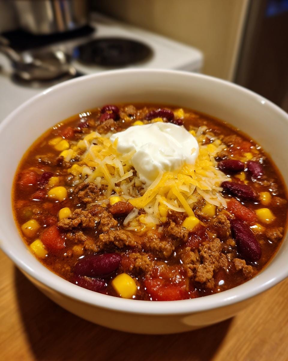 A hearty bowl of Tacosuppe topped with shredded cheese and sour cream. Ready to enjoy!