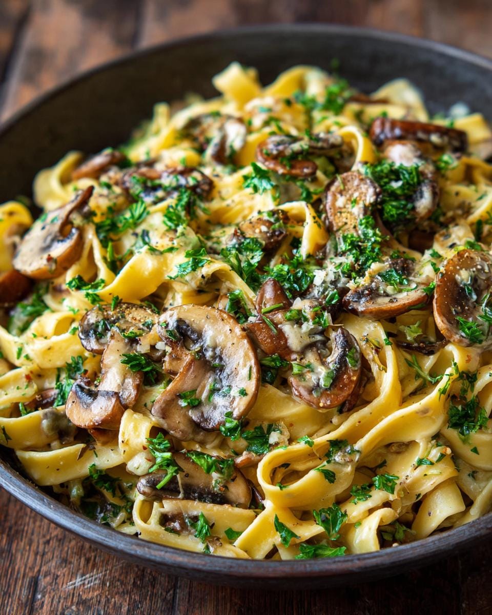Close-up of Tagliatelle mit Champignon-Rahmsoße in a dark bowl, garnished with fresh parsley.