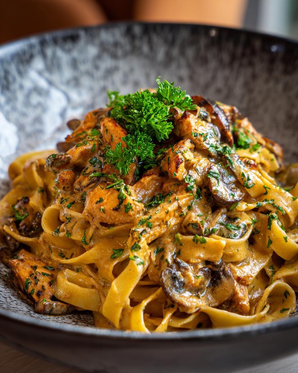 Close-up of Tagliatelle mit Champignon-Rahmsoße in a bowl, garnished with parsley.