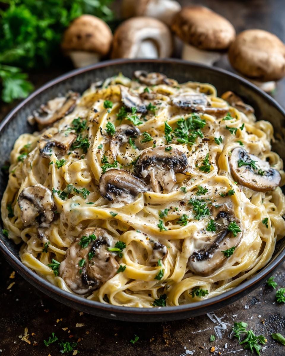 Close-up of Tagliatelle mit Champignon-Rahmsoße (tagliatelle with creamy mushroom sauce) in a bowl, garnished with parsley.