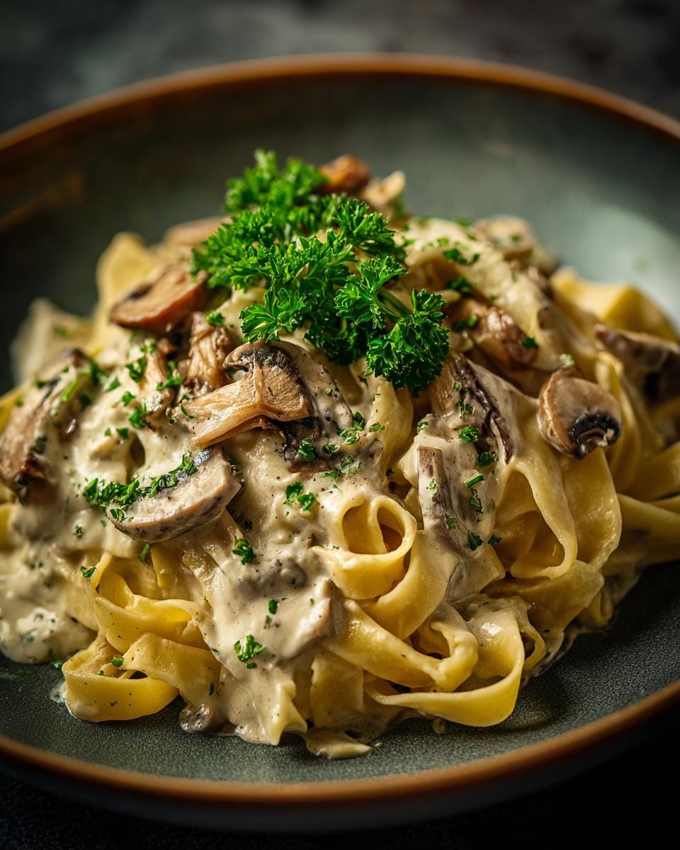 Close-up of Tagliatelle mit Champignon-Rahmsoße, showing creamy mushroom sauce and fresh parsley garnish.