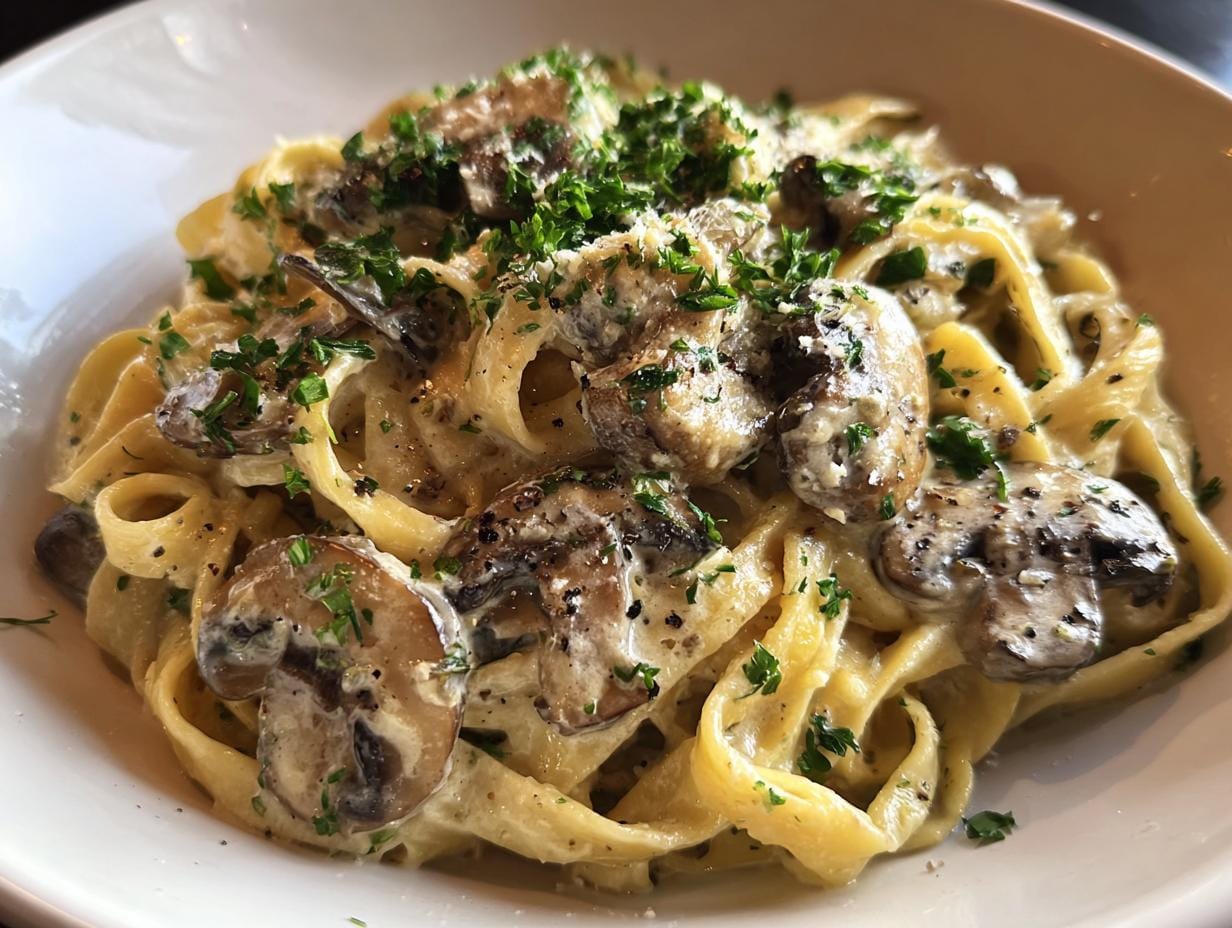 Close-up of Tagliatelle mit Champignon-Rahmsoße, garnished with parsley and parmesan cheese.