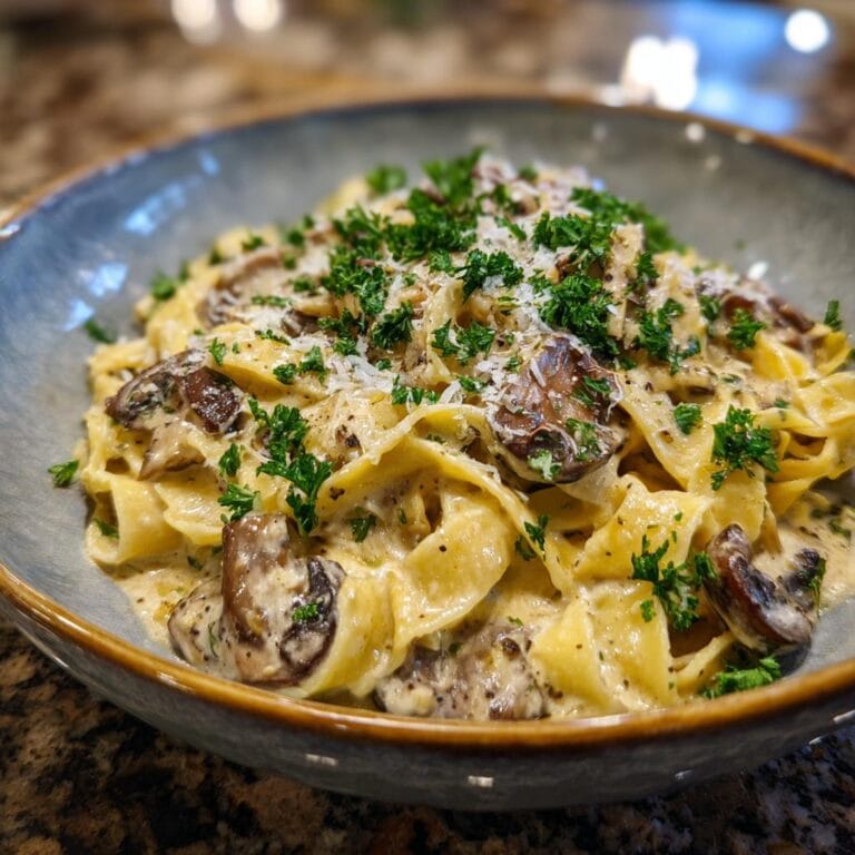 Delicious Tagliatelle mit Champignon-Rahmsoße, topped with parsley and parmesan, served in a blue bowl.