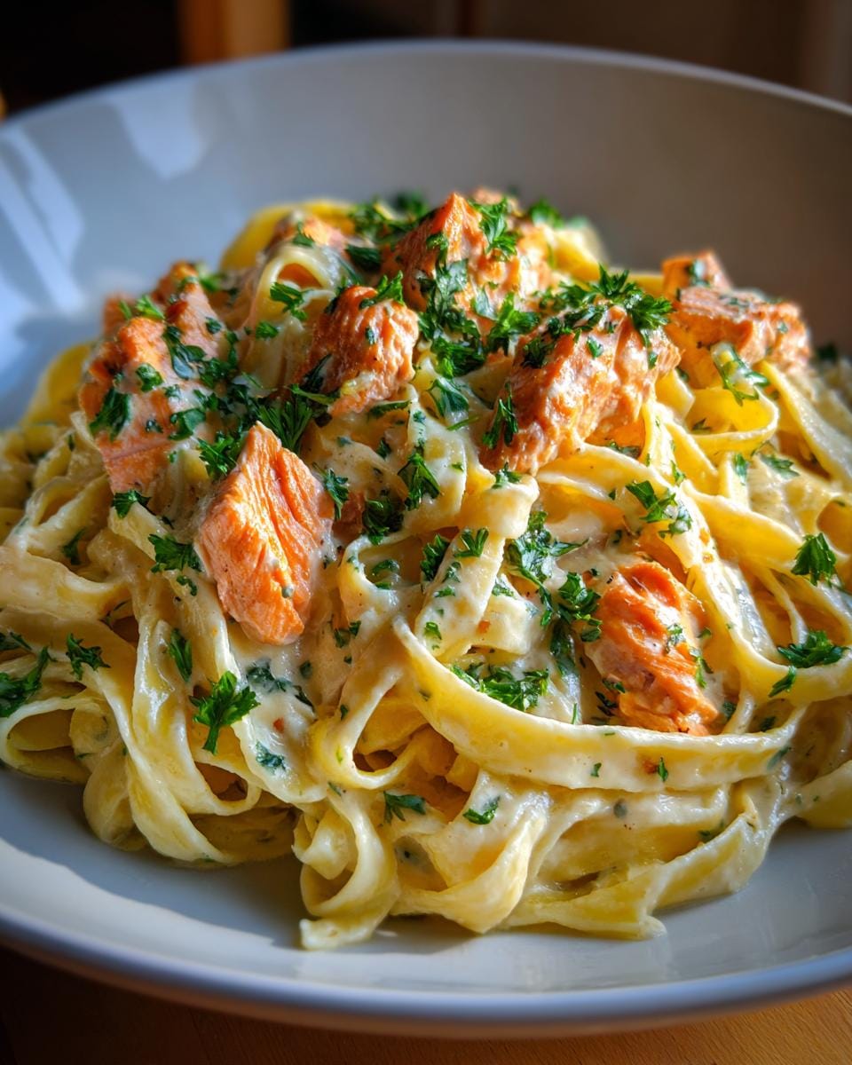 Close-up of Tagliatelle in Zitronen-Lachs-Sahne, garnished with fresh parsley.