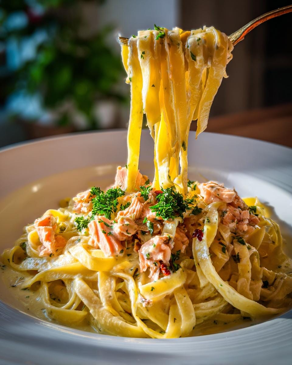 Close-up of Tagliatelle in Zitronen-Lachs-Sahne being lifted with a fork, showing creamy sauce and salmon pieces.