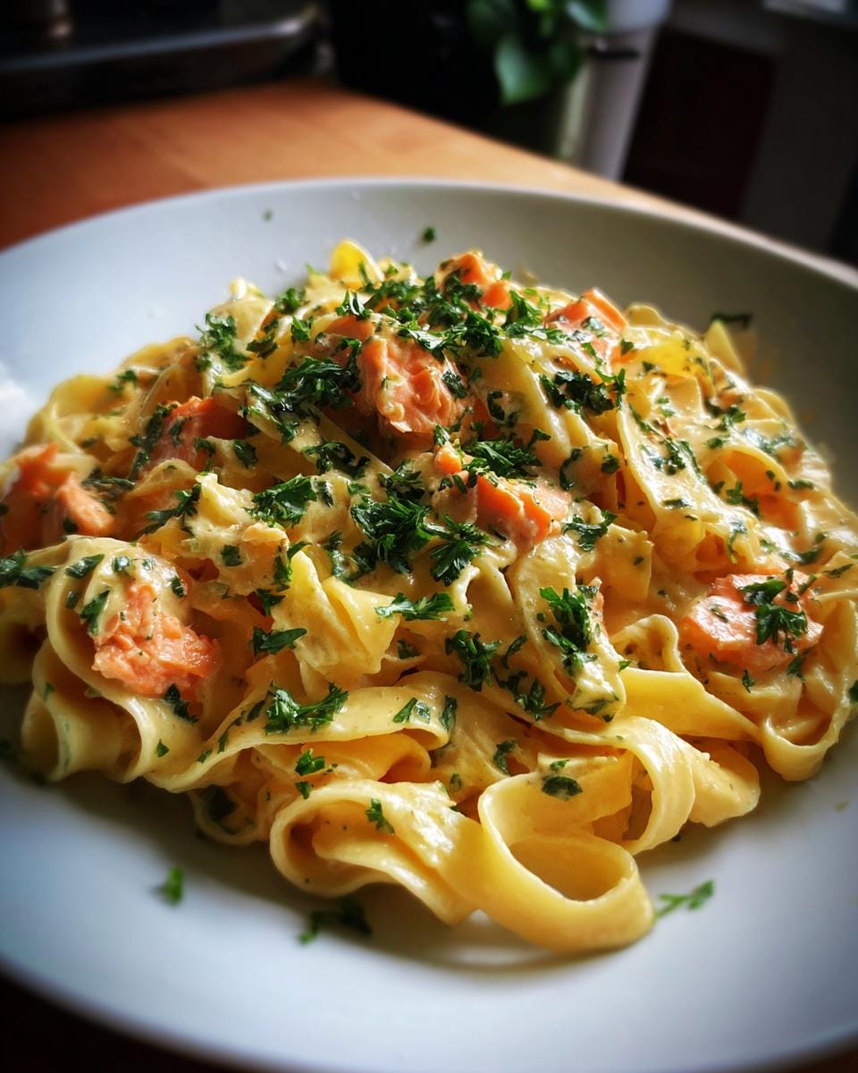 A plate of creamy Tagliatelle in Zitronen-Lachs-Sahne, garnished with fresh parsley.