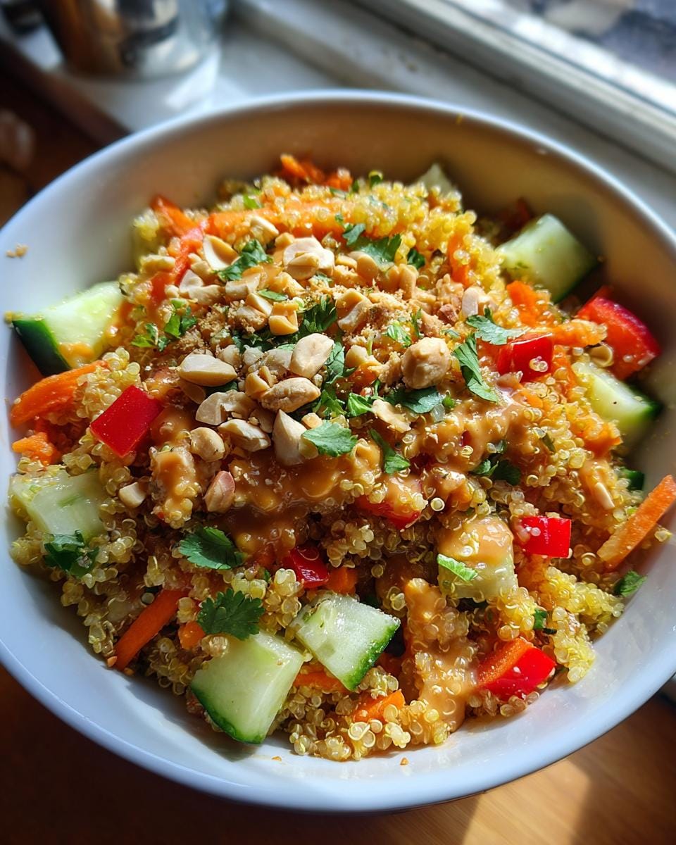 Nahaufnahme eines Thai-Quinoa-Salat mit Erdnuss-Dressing, dekoriert mit Erdnüssen und Kräutern in einer Schüssel.