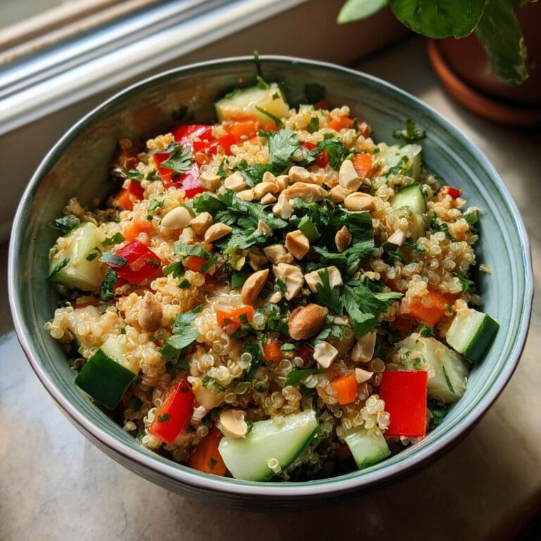 Bowl of Thai-Quinoa-Salat mit Erdnuss-Dressing, featuring quinoa, vegetables, herbs, and peanuts.