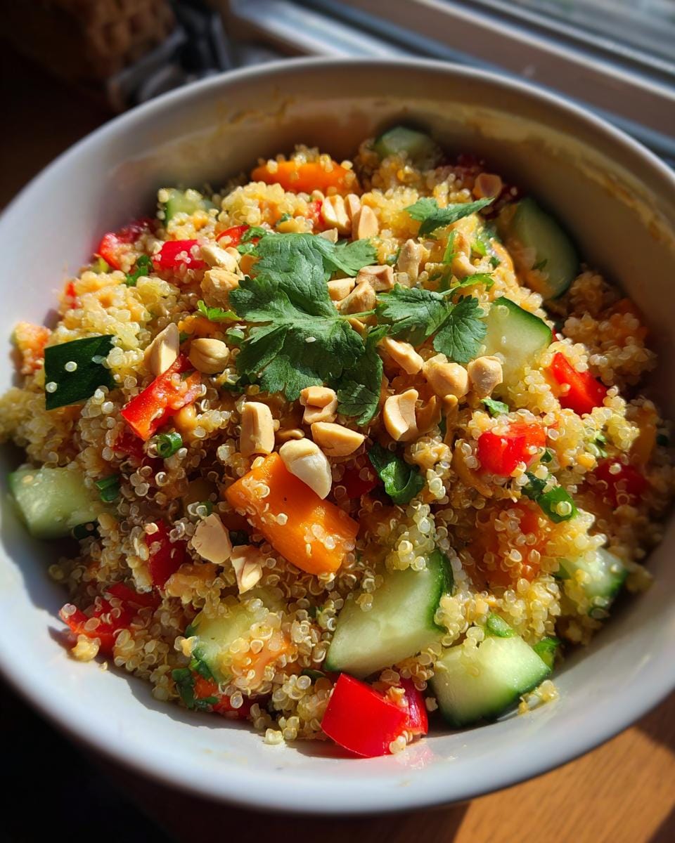 A colorful bowl of Thai-Quinoa-Salat mit Erdnuss-Dressing, garnished with peanuts and cilantro.