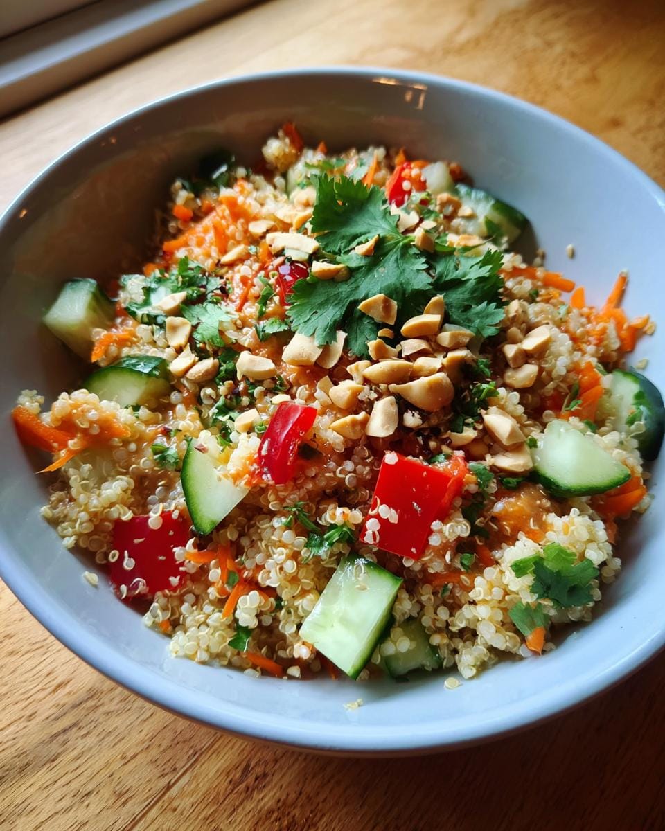 Overhead view of a bowl of Thai-Quinoa-Salat mit Erdnuss-Dressing, featuring quinoa, vegetables, and peanut dressing.