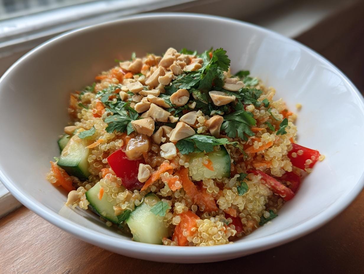 A vibrant bowl of Thai-Quinoa-Salat mit Erdnuss-Dressing, featuring quinoa, vegetables, peanuts, and fresh herbs.