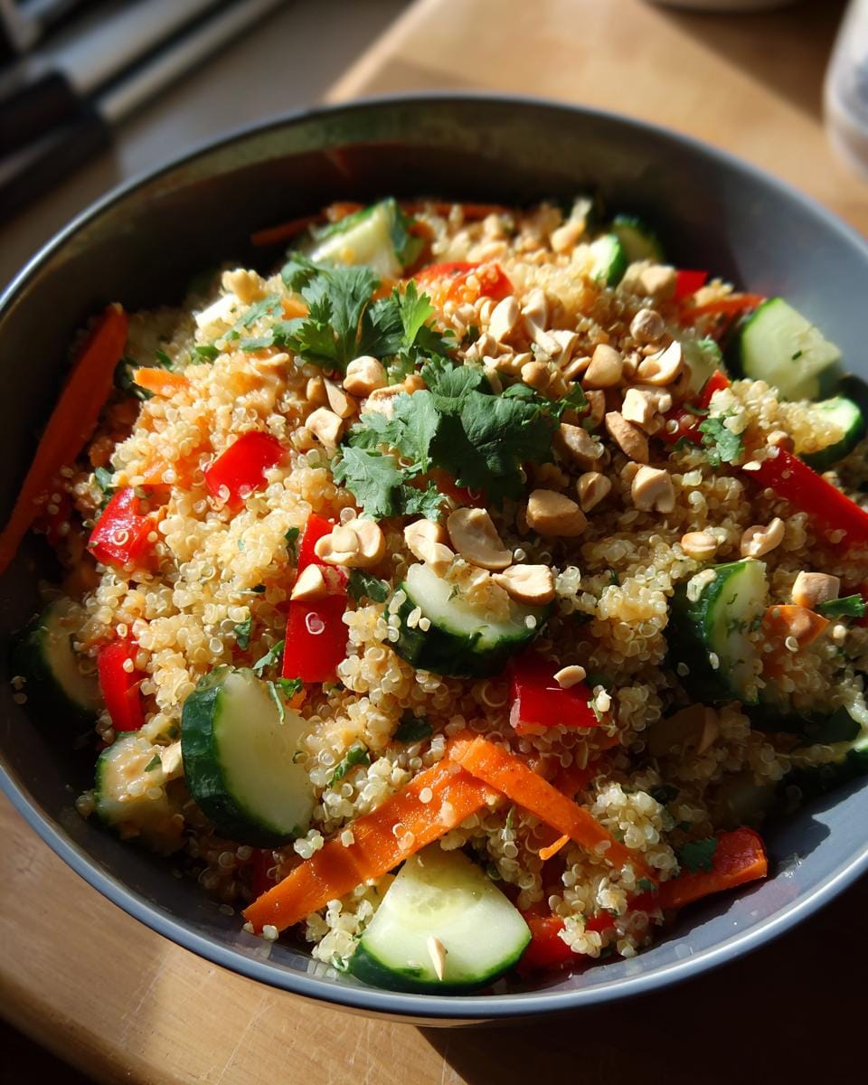 Nahaufnahme eines Thai-Quinoa-Salat mit Erdnuss-Dressing, serviert in einer Schüssel mit Gemüse und Kräutern.