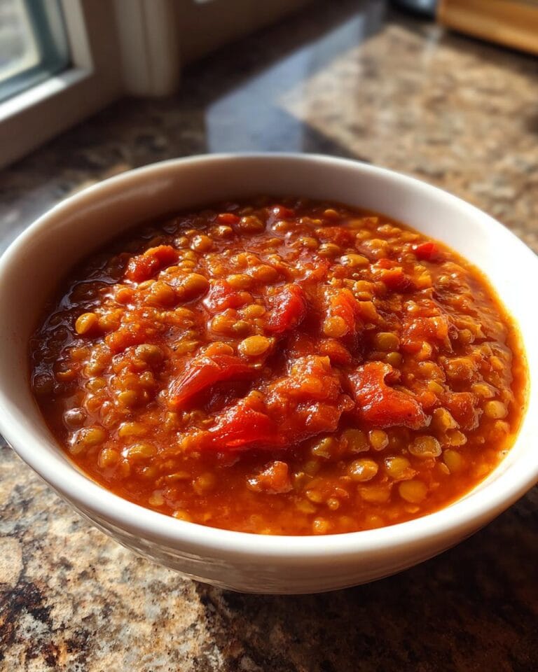 A bowl of vibrant Tomaten-Linsen-Curry, showcasing the rich tomato and lentil texture.