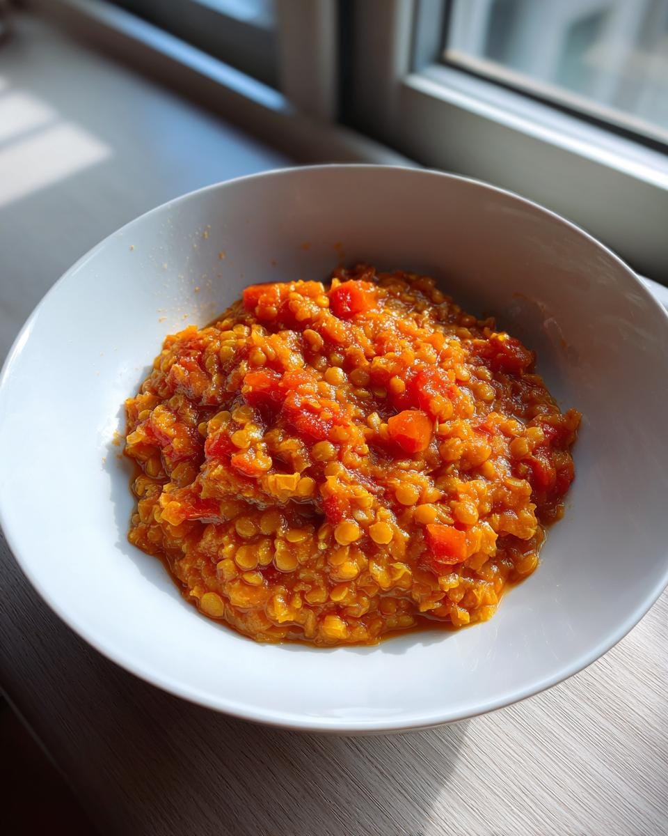 Nahaufnahme von Tomaten-Linsen-Curry in einer weißen Schale, fotografiert bei Tageslicht.