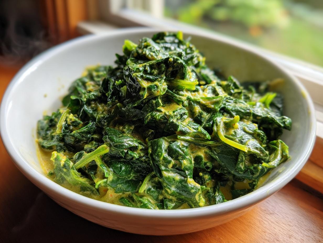 A bowl of vibrant green spinach Tomaten-Linsen-Curry, showcasing the creamy texture and rich color.