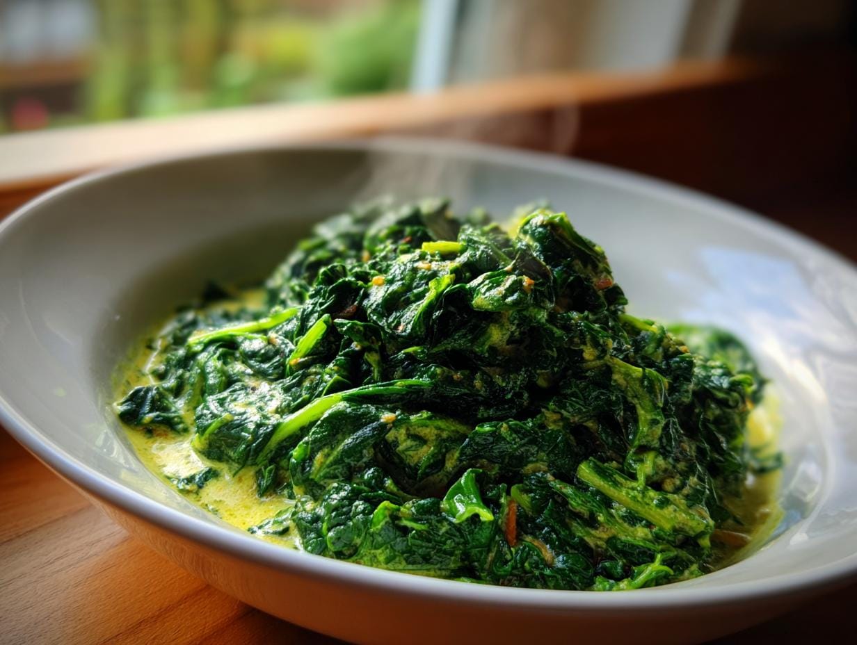 Close-up of steaming Tomaten-Linsen-Curry with spinach served in a white bowl.