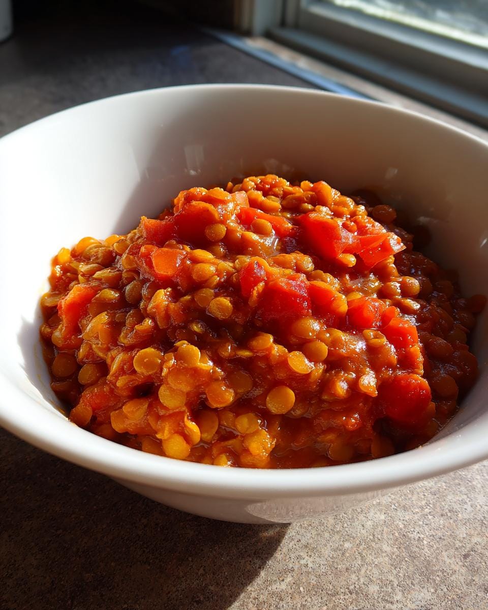 Nahaufnahme von Tomaten-Linsen-Curry in einer weißen Schale, bereit zum Servieren.