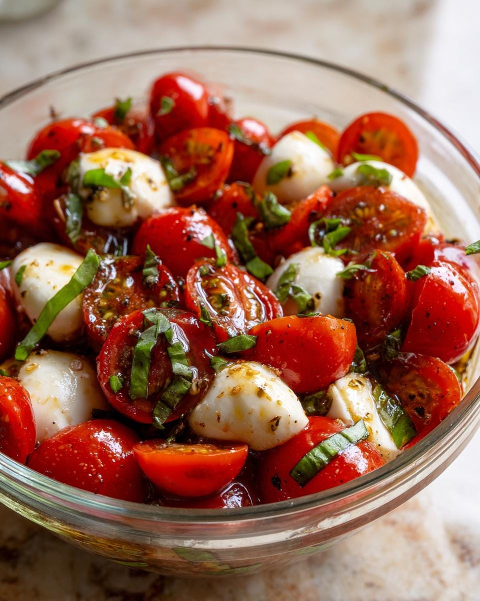 Close-up of Tomaten-Mozzarella-Salat mit Basilikum in a glass bowl, showing tomatoes, mozzarella balls, and fresh basil.