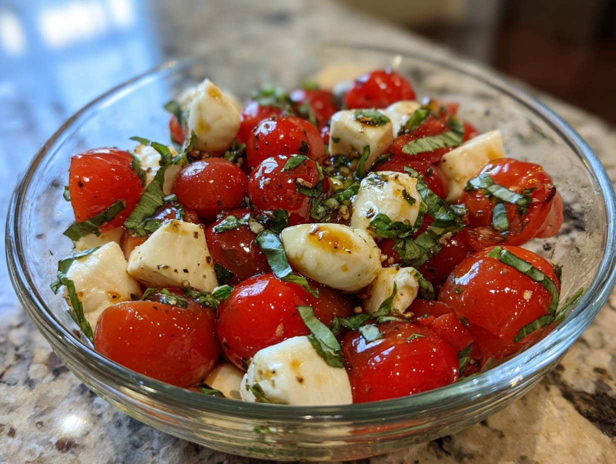 Close-up of Tomaten-Mozzarella-Salat mit Basilikum in a glass bowl, featuring cherry tomatoes, mozzarella balls, and fresh basil.