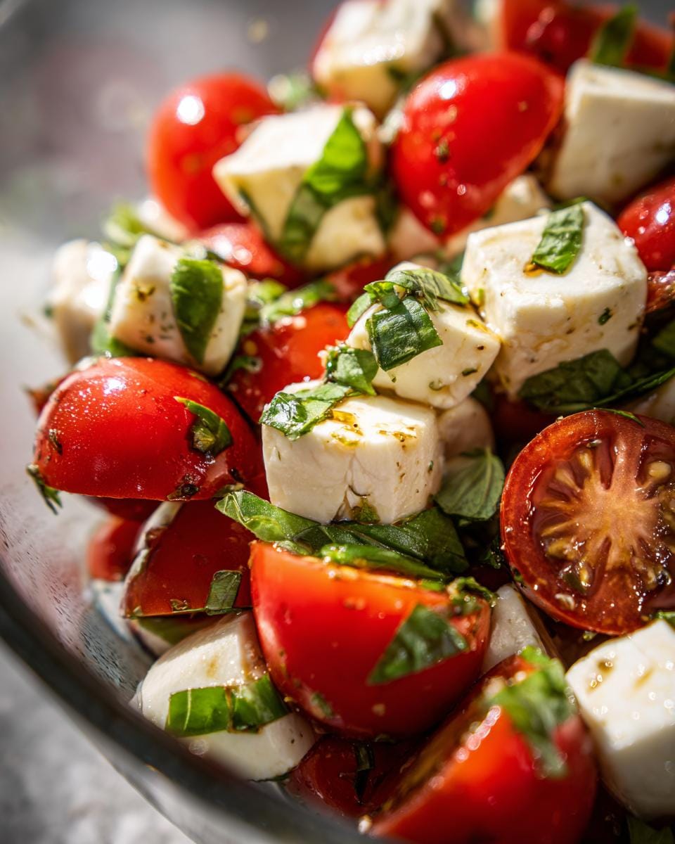 Close-up of Tomaten-Mozzarella-Salat mit Basilikum, showing fresh tomatoes, mozzarella cubes, and basil leaves.