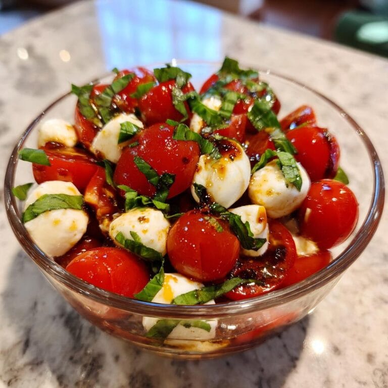 Nahaufnahme eines Tomaten-Mozzarella-Salat mit Basilikum in einer Glasschale.