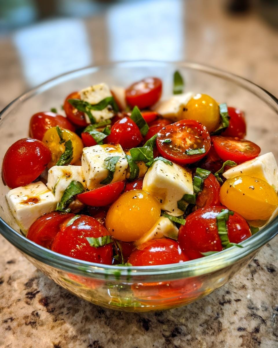 Close-up of Tomaten-Mozzarella-Salat mit Basilikum in a glass bowl, featuring red and yellow cherry tomatoes.