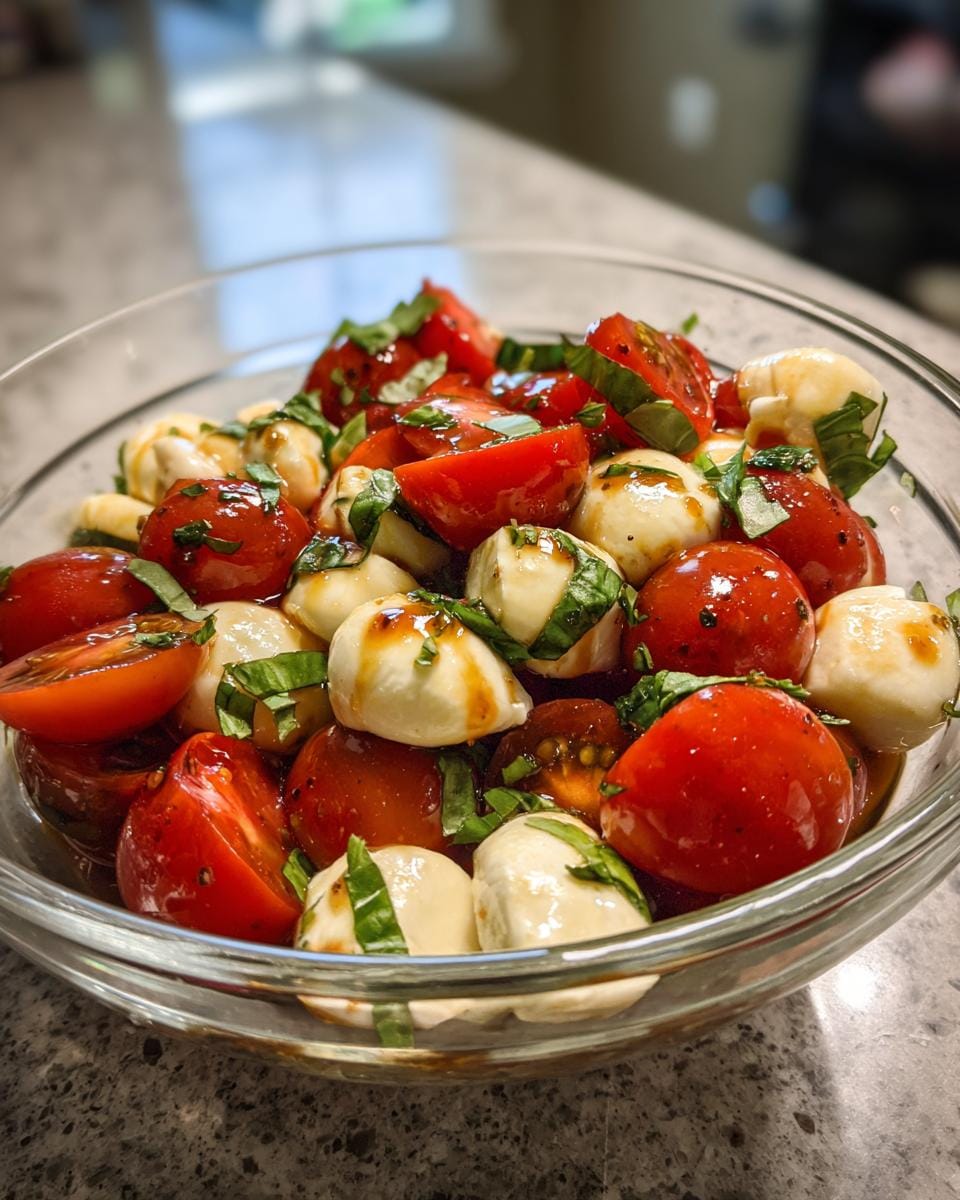 Close-up of a bowl of Tomaten-Mozzarella-Salat mit Basilikum, featuring ripe tomatoes, mozzarella balls, and fresh basil.