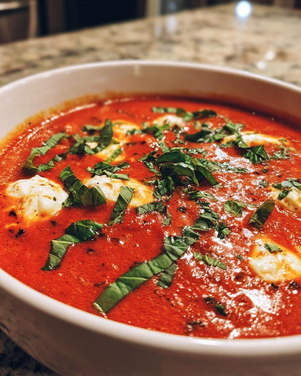 Bowl of Tomaten-Mozzarella-Suppe, garnished with fresh basil and mozzarella balls.