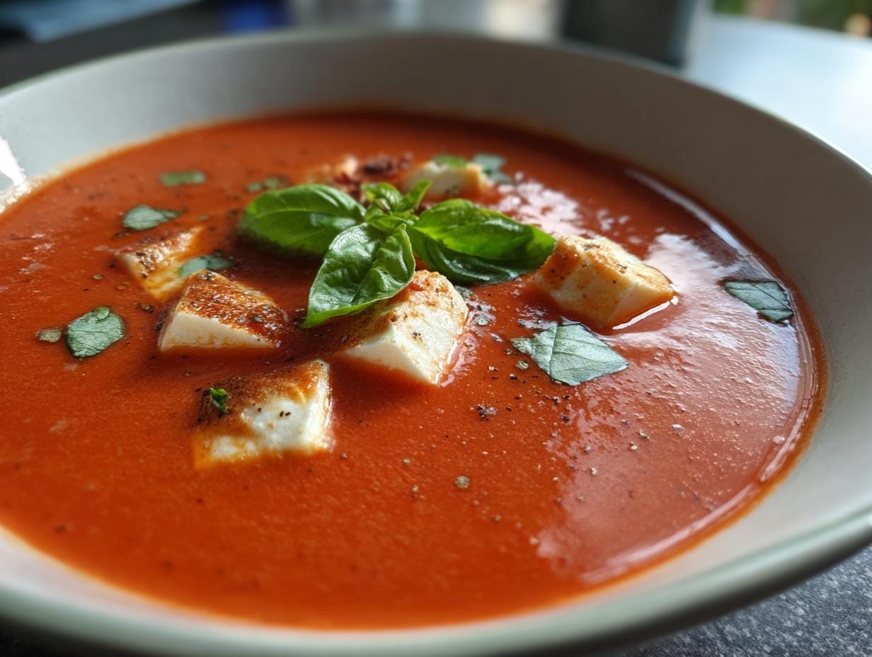 Close-up of Tomaten-Mozzarella-Suppe topped with fresh basil and mozzarella cubes.