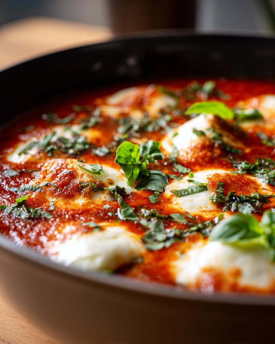 Close-up of Tomaten-Mozzarella-Suppe in a pan, topped with fresh basil.